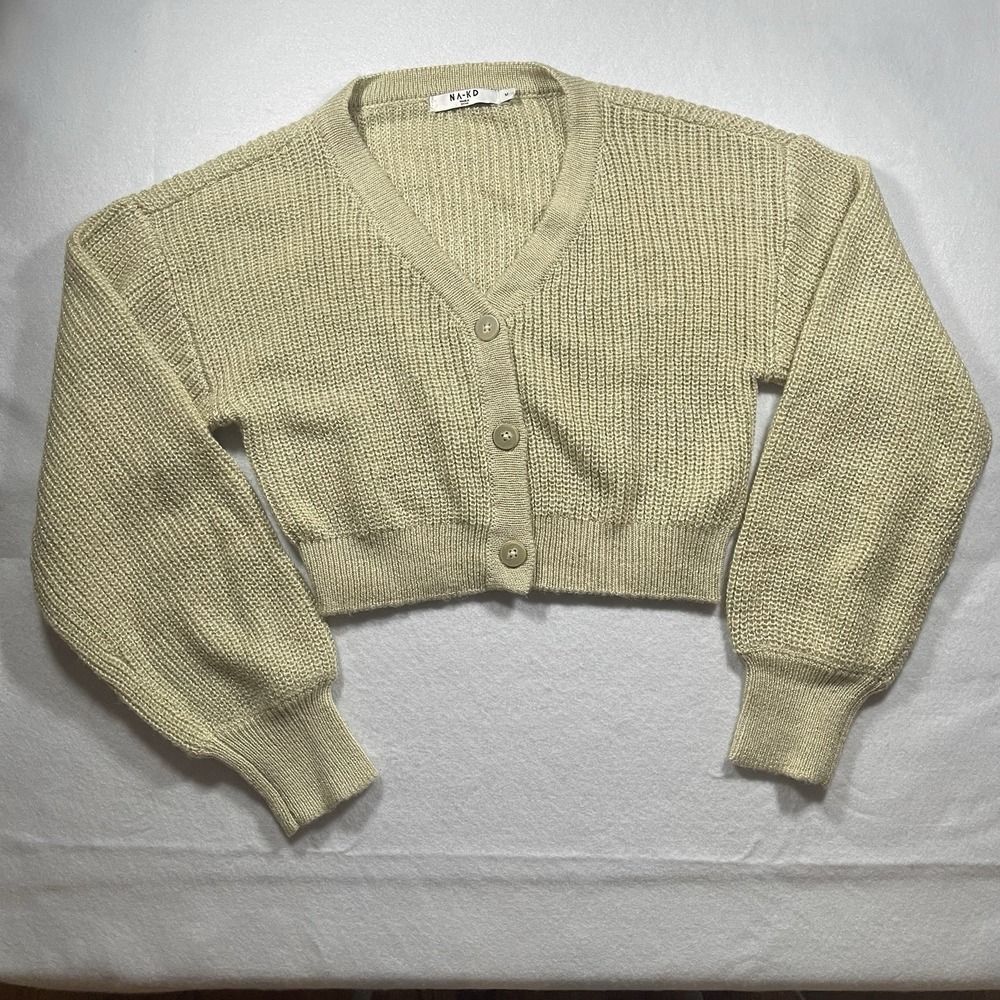 NA-KD Metallic Knit Cropped Cardigan Women's M Beige Gold Button Front Sweater